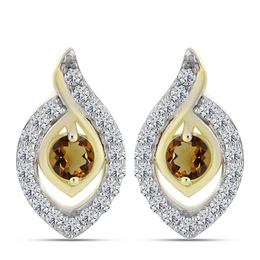 Pozlacené Stříbro 925/1000 - Náušnice s Koňakovým Křemenem a Bílým Topazem - Karátové číslo: 1.18. přibližná hmotnost: 4.04 gramů