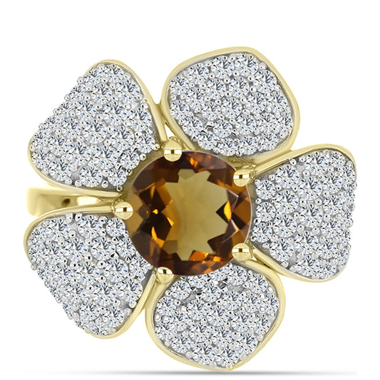 Pozlacené Stříbro 925/1000 - Prsten s Koňakovým Křemenem a Bílým Topazem - Karátové číslo: 2.88. přibližná hmotnost: 5.52 gramů