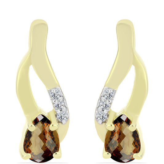 Pozlacené Stříbro 925/1000 - Náušnice s Koňakovým Křemenem a Bílým Topazem - Karátové číslo: 0.78. přibližná hmotnost: 3.04 gramů