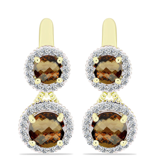 Pozlacené Stříbro 925/1000 - Náušnice s Koňakovým Křemenem a Bílým Topazem - Karátové číslo: 6.02. přibližná hmotnost: 7.52 gramů