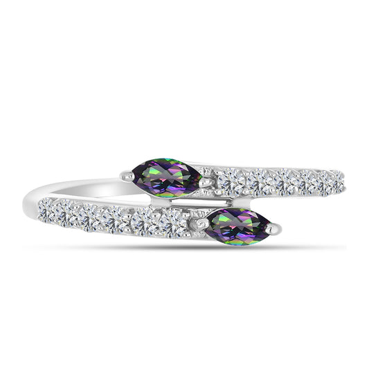 Stříbro 925/1000 - Prsten s Brazilským Mystickým Zeleným Křemenem a Bílým Topazem - Karátové číslo: 0.59. přibližná hmotnost: 1.82 gramů