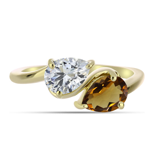 Pozlacené Stříbro 925/1000 - Prsten s Koňakovým Křemenem a Bílým Topazem - Karátové číslo: 1.46. přibližná hmotnost: 2.55 gramů