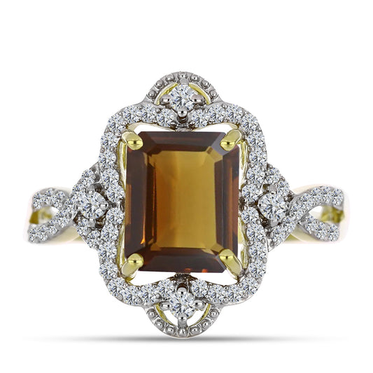 Pozlacené Stříbro 925/1000 - Prsten s Koňakovým Křemenem a Bílým Topazem - Karátové číslo: 3.29. přibližná hmotnost: 4.19 gramů