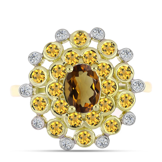 Pozlacené Stříbro 925/1000 - Prsten s Koňakovým Křemenem a Bílým Topazem - Karátové číslo: 1.52. přibližná hmotnost: 4.53 gramů