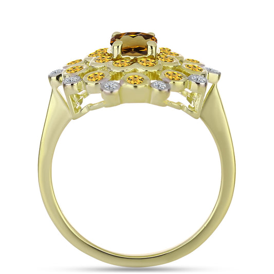 Pozlacené Stříbro 925/1000 - Prsten s Koňakovým Křemenem a Bílým Topazem - Karátové číslo: 1.52. přibližná hmotnost: 4.53 gramů