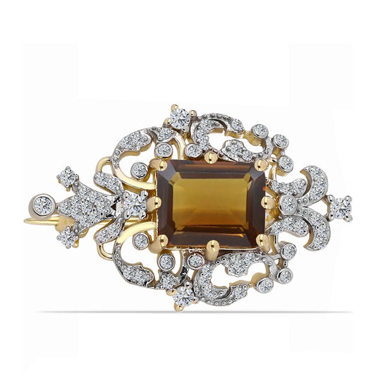 Pozlacené Stříbro 925/1000 - Brož s Koňakovým Křemenem a Bílým Topazem - Karátové číslo: 3.24. přibližná hmotnost: 4.52 gramů