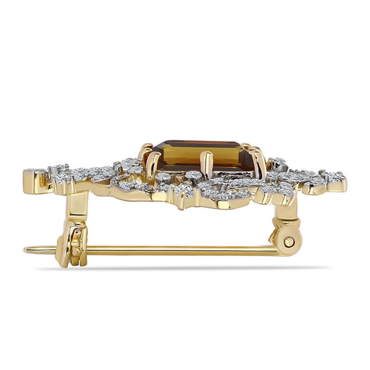 Pozlacené Stříbro 925/1000 - Brož s Koňakovým Křemenem a Bílým Topazem - Karátové číslo: 3.24. přibližná hmotnost: 4.52 gramů