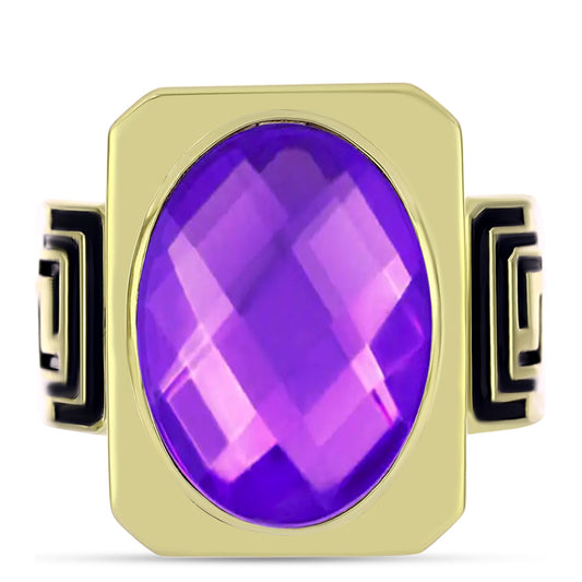 Pozlacené Stříbro 925/1000 - Prsten s Purpurovým Achátem - Karátové číslo: 8.76. přibližná hmotnost: 9.5 gramů