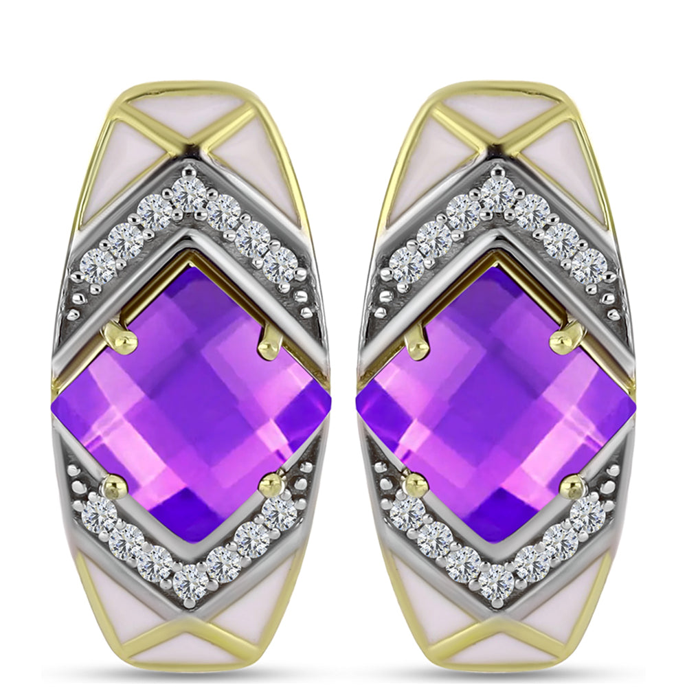 Pozlacené Stříbro 925/1000 - Náušnice s Purpurovým Achátem a Bílým Topazem - Karátové číslo: 2.39. přibližná hmotnost: 5.47 gramů 1 