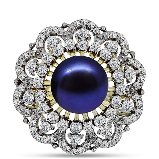 Pozlacené Stříbro 925/1000 - Prsten s Černou Sladkovodní Perlou a Bílým Topazem - Karátové číslo: 5.19. přibližná hmotnost: 6.45 gramů