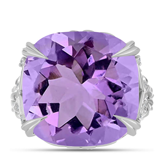 Stříbro 925/1000 - Prsten s Rose de France Ametystem a Bílým Topazem - Karátové číslo: 15.97. přibližná hmotnost: 9.93 gramů