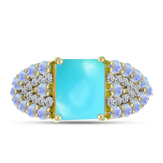 Pozlacené Stříbro 925/1000 - Prsten s Tyrkysem Sleeping Beauty a Duhovým Měsíčním Kamenem - Karátové číslo: 3.98. přibližná hmotnost: 4.55 gramů