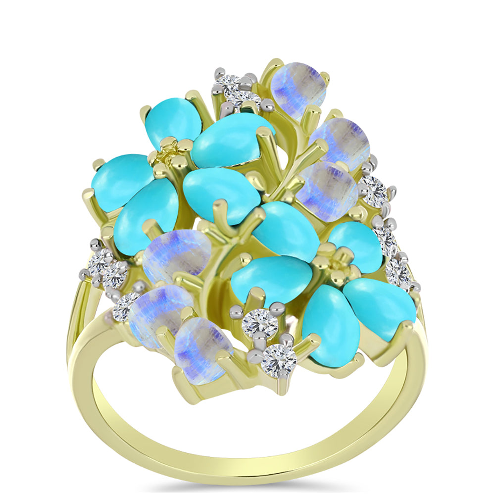 Pozlacené Stříbro 925/1000 - Prsten s Tyrkysem Sleeping Beauty a Duhovým Měsíčním Kamenem - Karátové číslo: 3.69. přibližná hmotnost: 6.52 gramů
