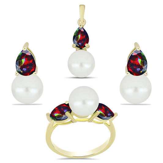 Pozlacené Stříbro 925/1000 - Sada s Půlnočně Černým Etiopským Opálem z Lega Dembi a Bílou Sladkovodní Perlou - Karátové číslo: 18.37. přibližná hmotnost: 7.36 gramů ( Náušnice+Prsten+Přívěsek )