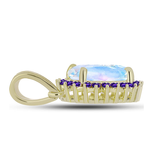 Pozlacené Stříbro 925/1000 - Přívěsek s Duhovým Měsíčním Kamenem a Marockým Ametystem - Karátové číslo: 3.01. přibližná hmotnost: 2.43 gramů
