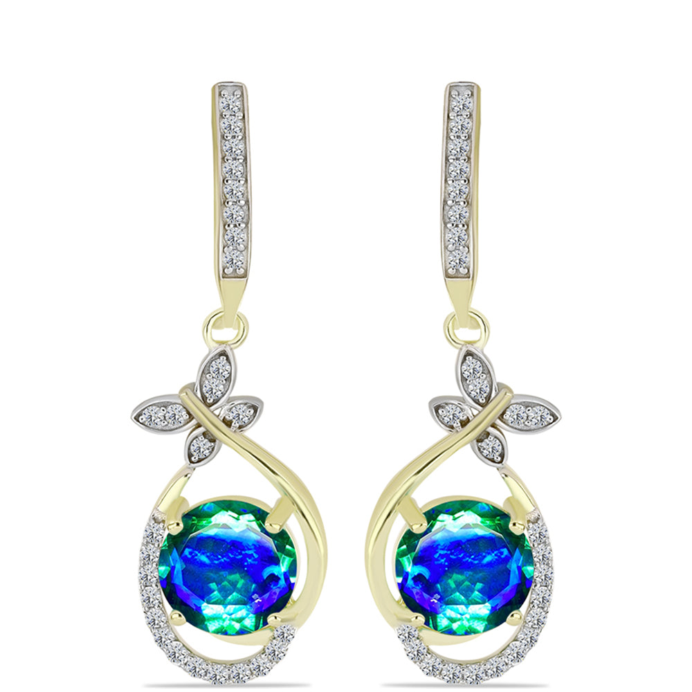 Pozlacené Stříbro 925/1000 - Náušnice s Pavím Křemenem a Bílým Topazem - Karátové číslo: 4.07. přibližná hmotnost: 4.51 gramů