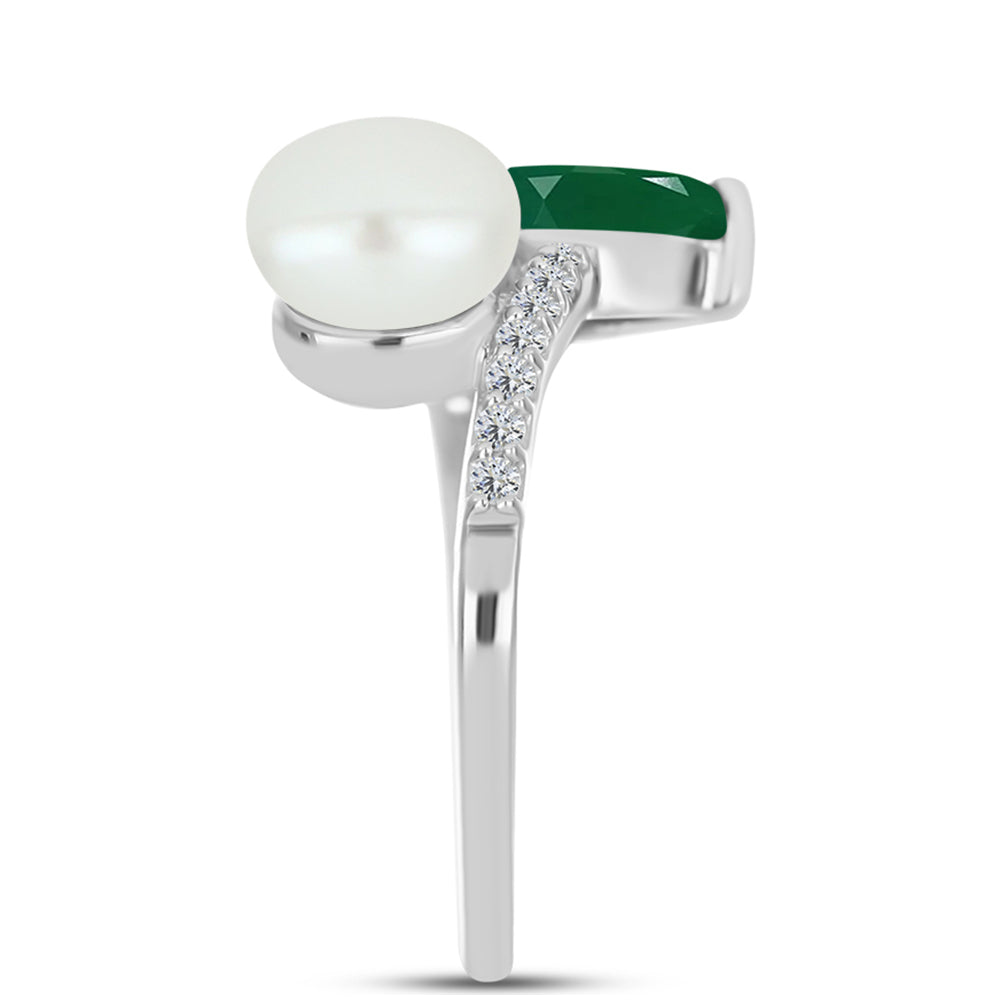 Stříbro 925/1000 - Prsten se Zeleným Chalcedonem a Bílou Sladkovodní Perlou - Karátové číslo: 3.81. přibližná hmotnost: 3.12 gramů 4 