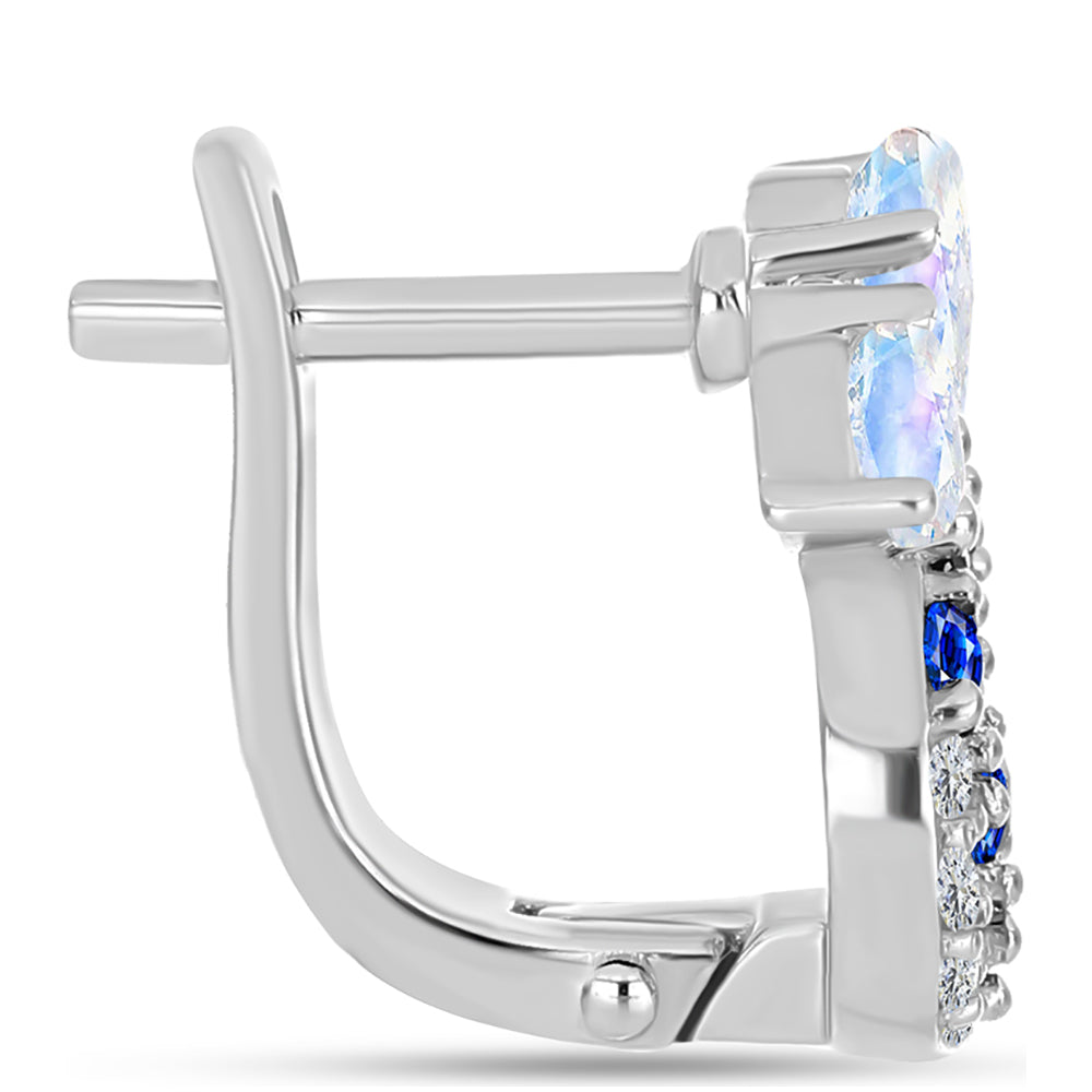 Stříbro 925/1000 - Náušnice s Australským Modrým Safírem a Duhovým Měsíčním Kamenem - Karátové číslo: 1.93. přibližná hmotnost: 4.35 gramů