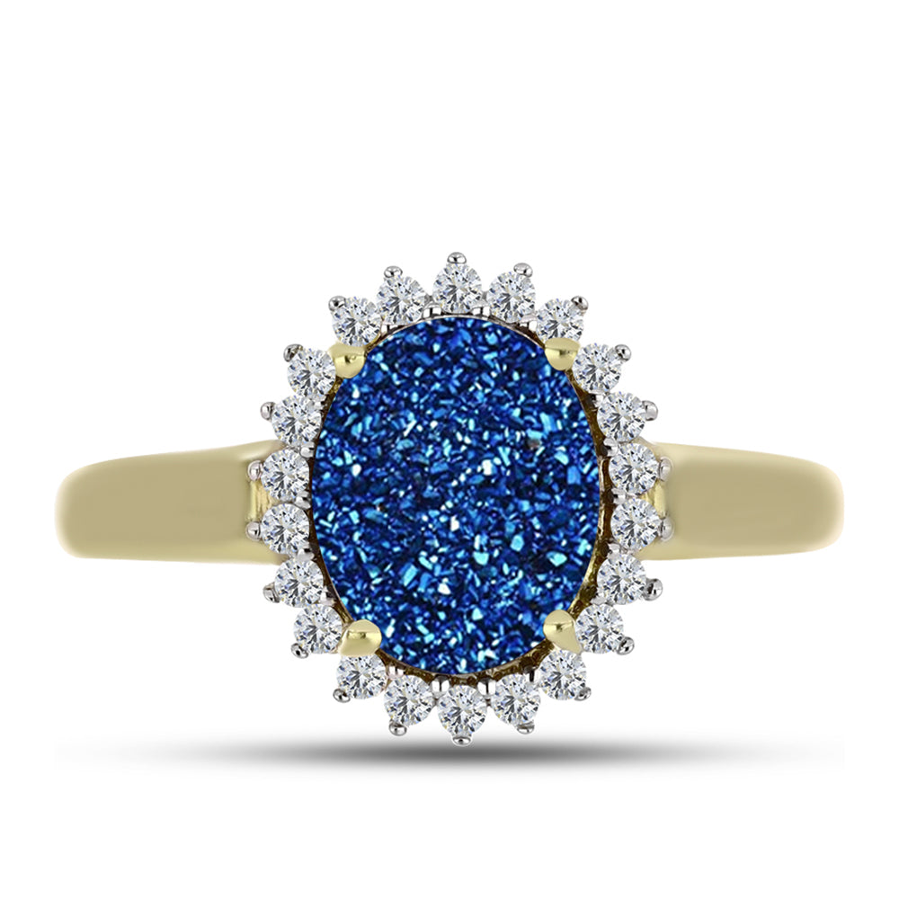 Pozlacené Stříbro 925/1000 - Prsten s Modrou Drusy a Bílým Topazem - Karátové číslo: 2.93. přibližná hmotnost: 3.18 gramů 1 