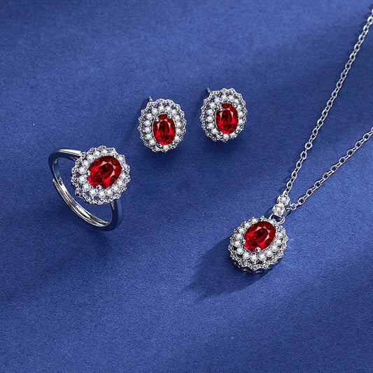 Pozlacená slitina - Sada s Červeným Emporia® Křišťálem a Bílým Emporia® Křišťálem ( Náhrdelník+Náušnice+Prsten )