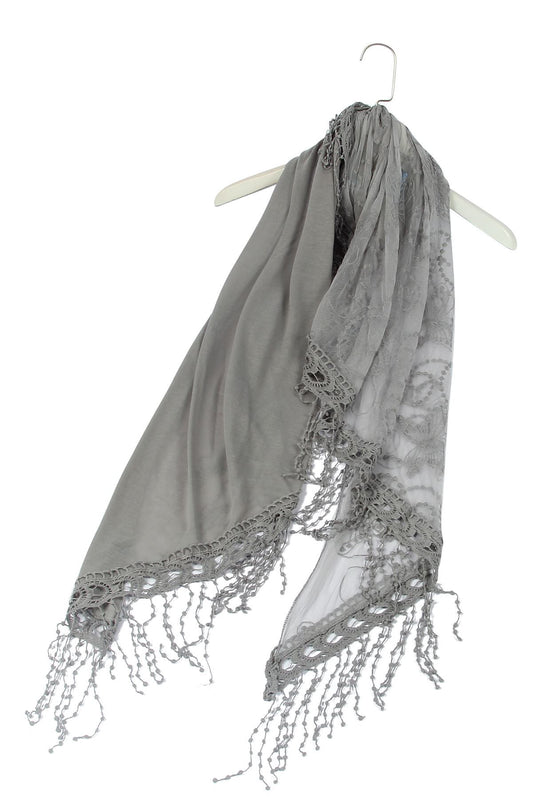 Bavlněná lichoběžníková Šála-šátek, 80 cm x 198 cm x 70 cm, Motýlí a krajkový vzor, Šedá