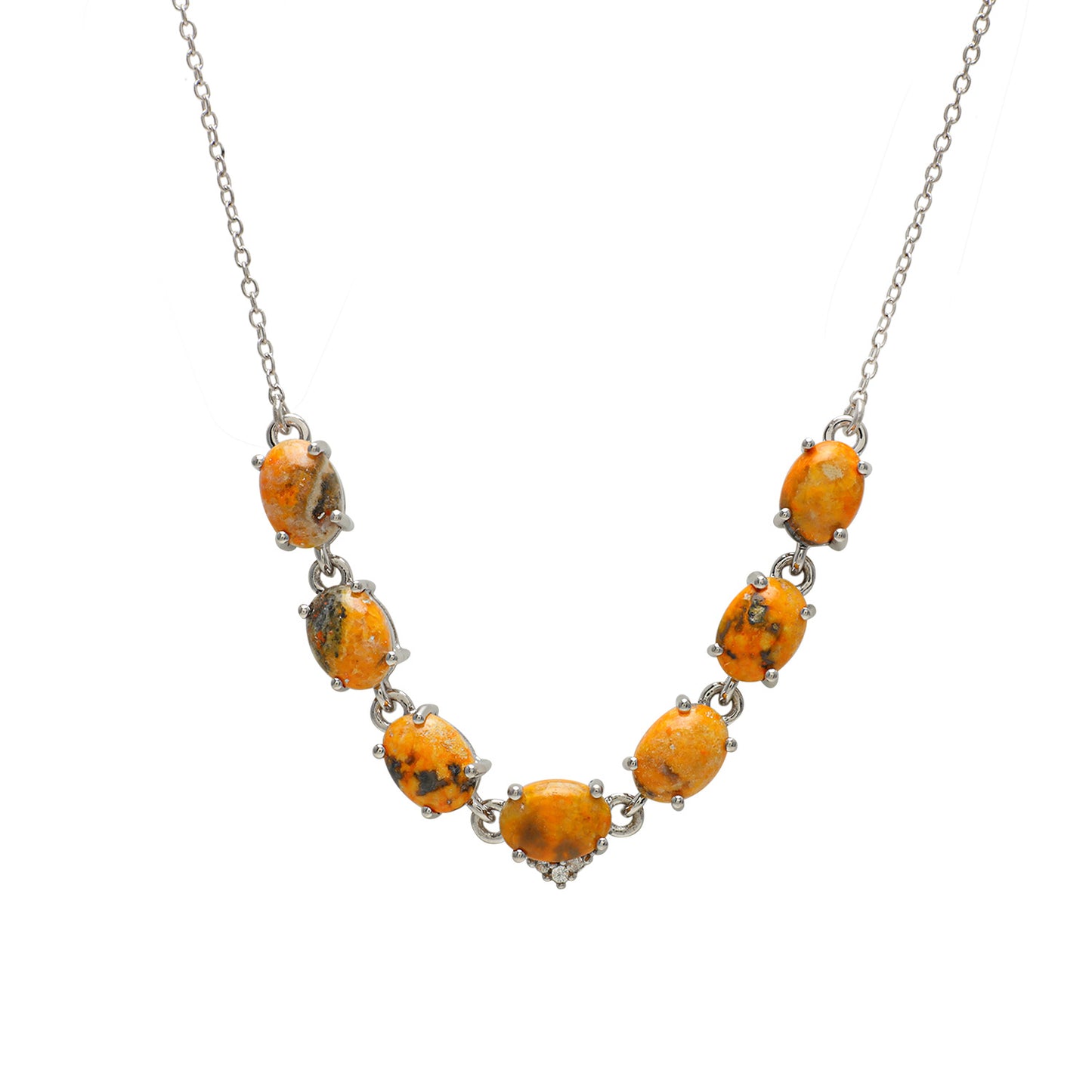 Stříbro 925/1000 - Náhrdelník s Bumble Bee Jaspisem a Přírodním Bílým Zirkonem - Karátové číslo: 5.19. přibližná hmotnost: 4.93 gramů