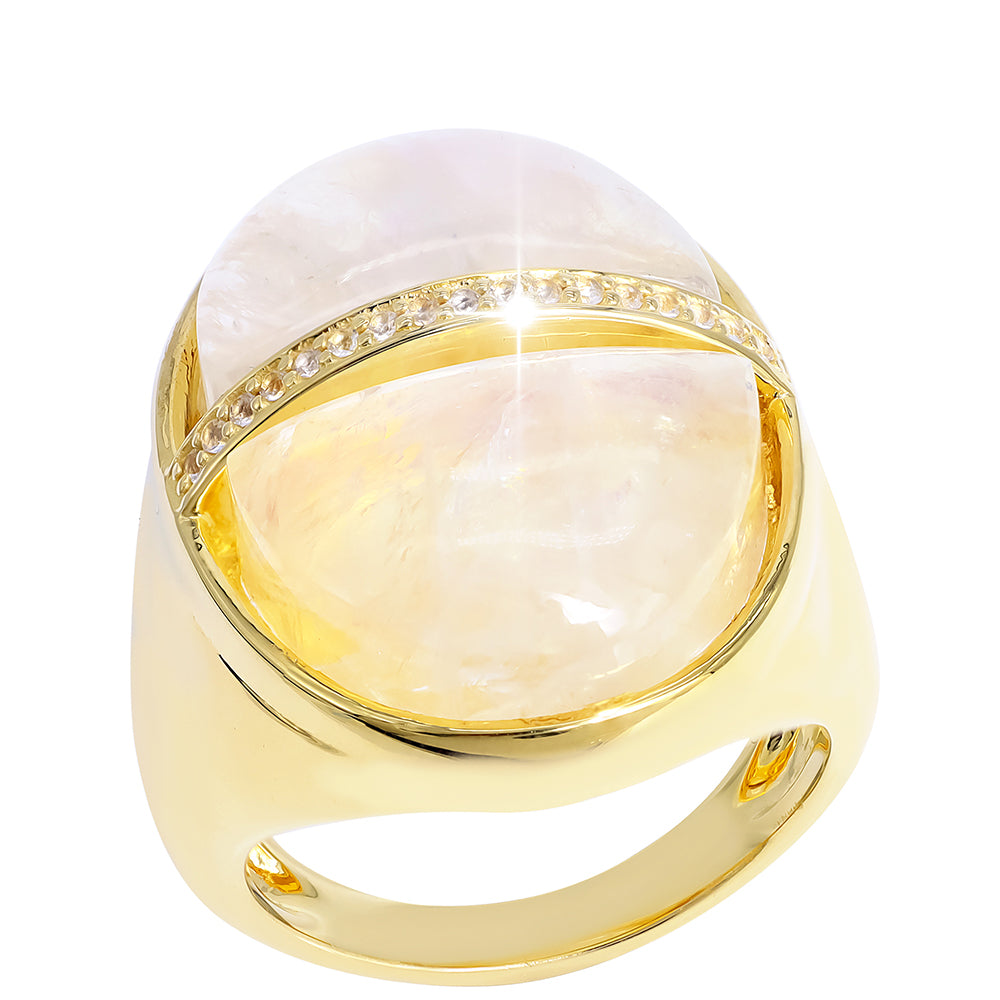 Pozlacený Stříbrný Prsten s Duhovým Měsíčním Kamenem a Bílým Topazem