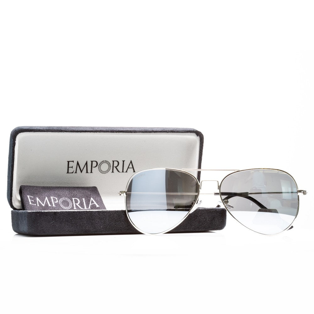 Emporia Italy - série Aviator "KRYSTAL", polarizované sluneční brýle s UV filtrem, s pevným pouzdrem a čisticím hadříkem, chromově-stříbrné čočky, obroučky stříbrné barvy 1 