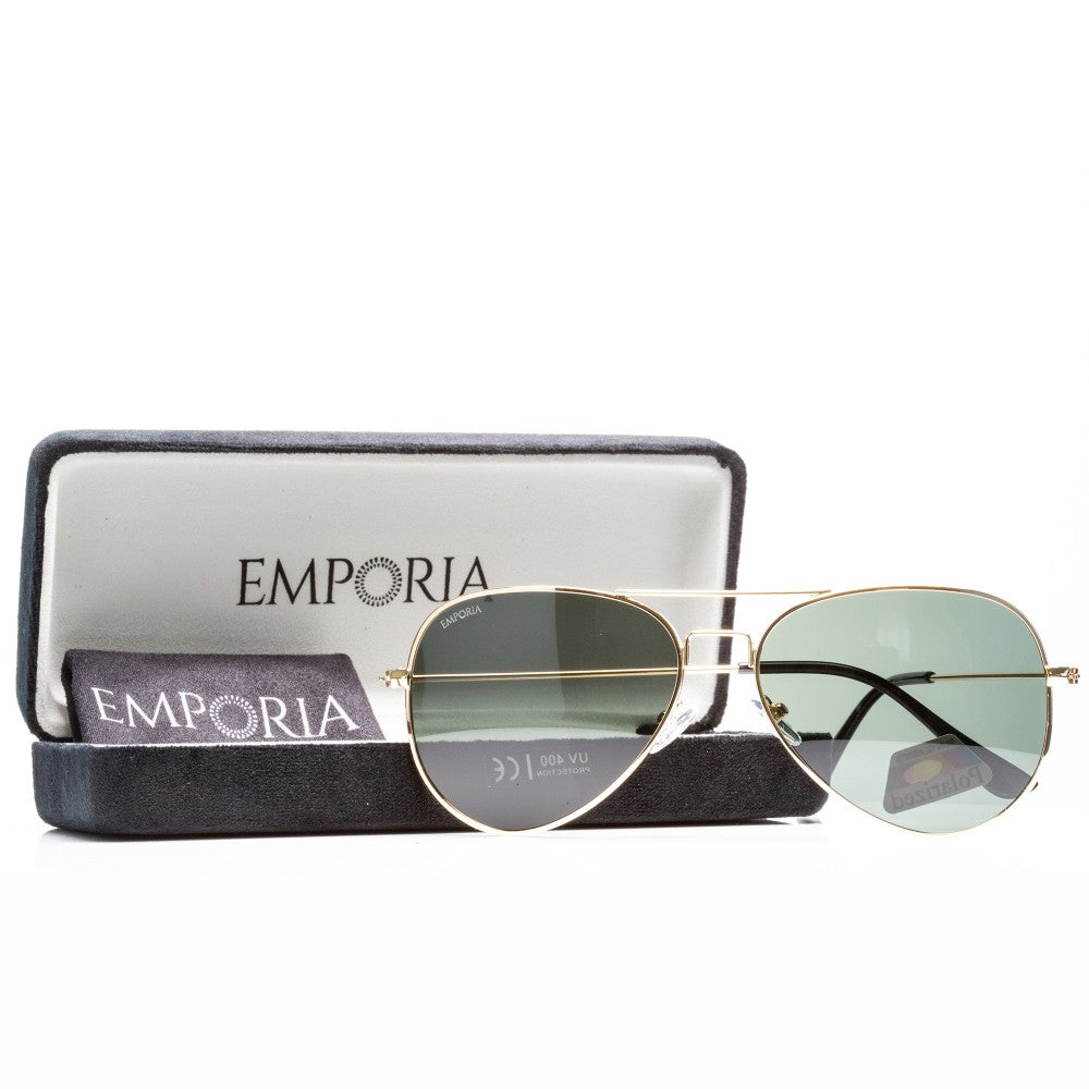 Emporia Italy - série Aviator "ORIGINÁL", polarizované sluneční brýle s pevným pouzdrem a čisticím hadříkem, tmavě zelené čočky, obroučky zlaté barvy