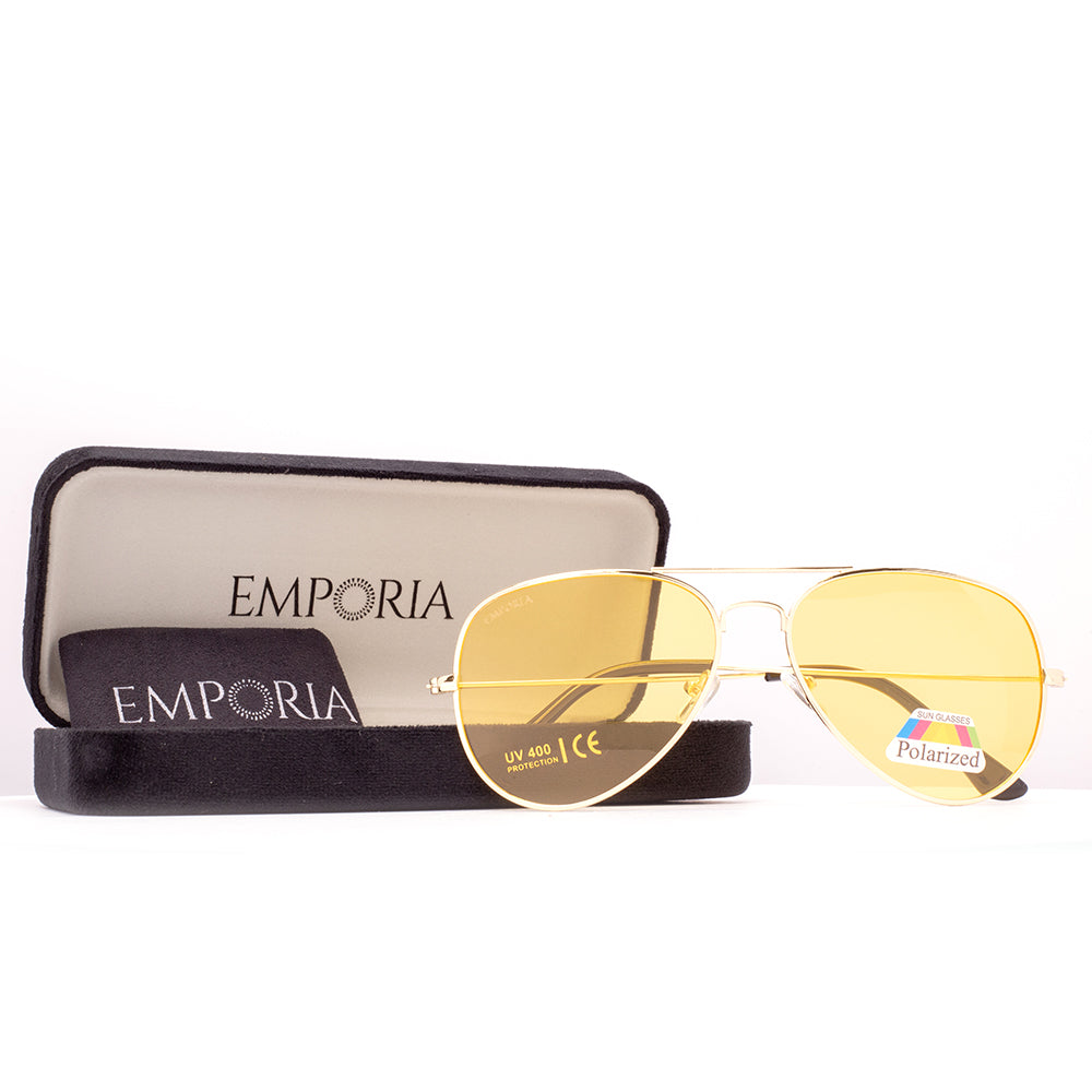Emporia Italy - série Aviator "HOLLYWOOD", polarizované sluneční brýle s UV filtrem, s pevným pouzdrem a čisticím hadříkem, světle hnědé čočky, obroučky zlaté barvy