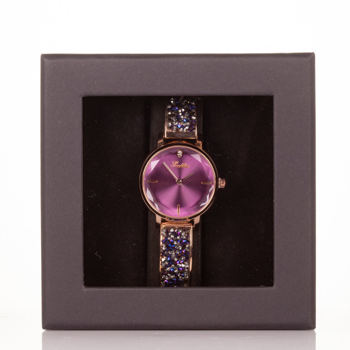 Vysoce kvalitní slitinové hodinky s mechanismem Miyota v dárkové krabičce, Fialový ciferník