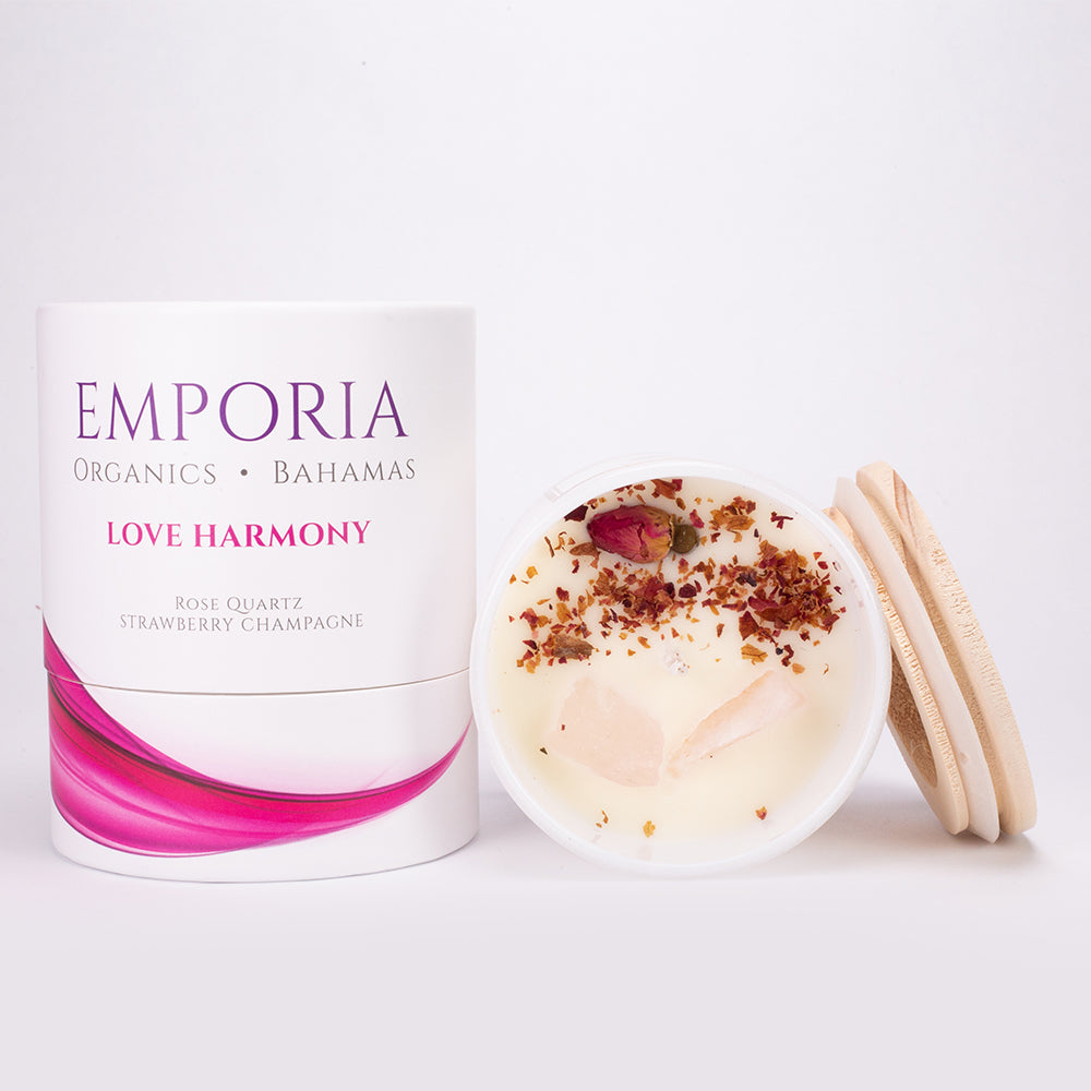 Emporia Organics Skleněná Svíčka: Bahamy - LOVE HARMONY, s Růženínem, s vůní jahod a šampaňského, 100% sójový vosk, 230 g 1 