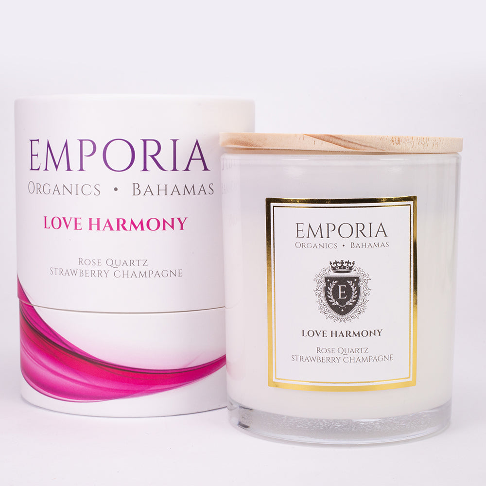 Emporia Organics Skleněná Svíčka: Bahamy - LOVE HARMONY, s Růženínem, s vůní jahod a šampaňského, 100% sójový vosk, 230 g 3 