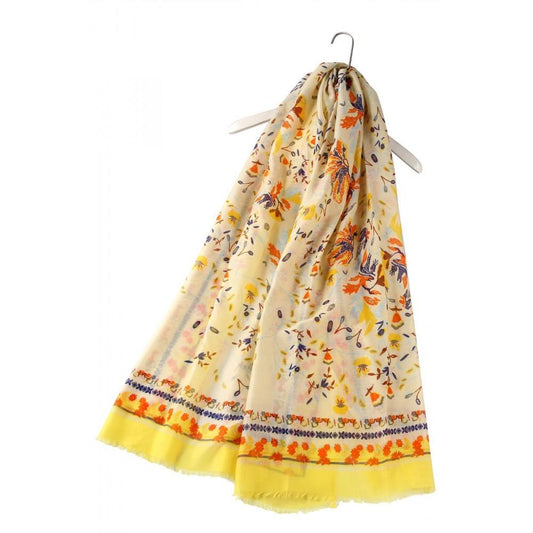 Šála-šátek, 90 cm x 180 cm, Světlý lidový květinový vzor, žlutá
