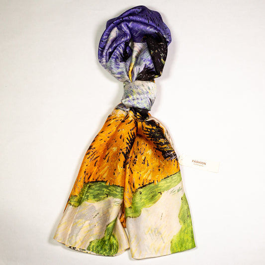 100% Hedvábná Šála, 90 cm x 180 cm, Van Gogh Cypřiš a Hvězda