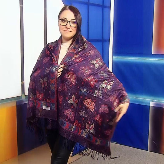 Šála-šátek ze 100% Pravého Pashmina Kašmíru, 70 cm x 170 cm, Lesklá tmavě modrá s motýlím vzorem