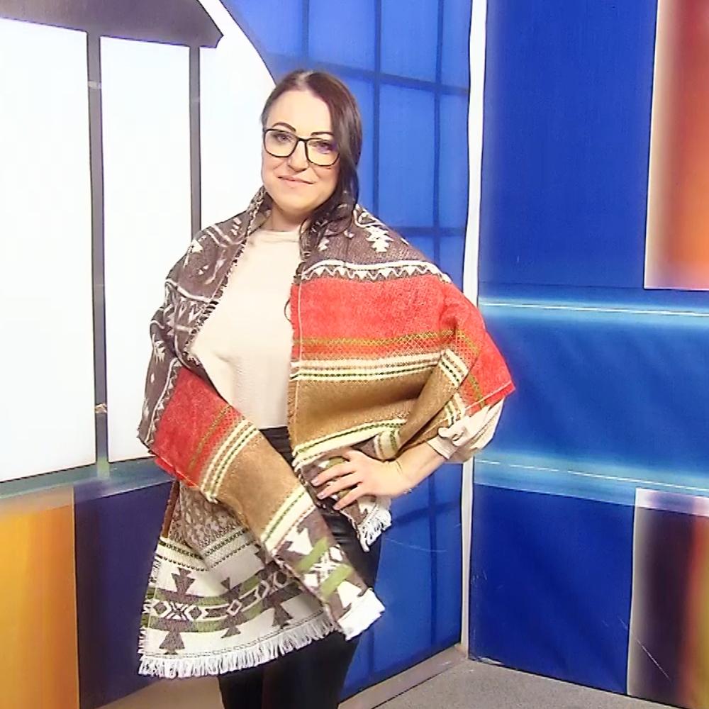 Vlněná šála-šátek, 190 cm x 53 cm, Aztécký vzor, Krémová a hnědá