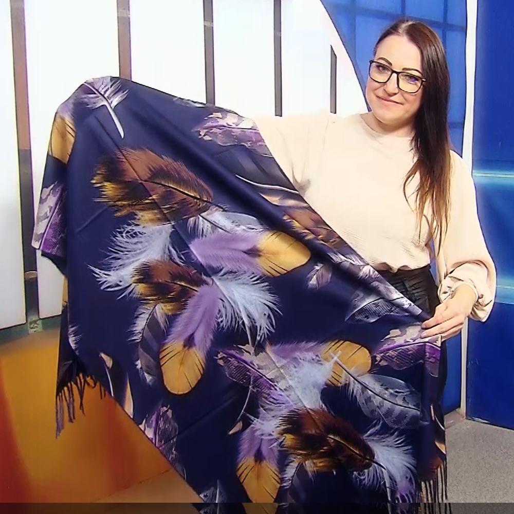 Vlněná šála-šátek, 70 cm x 180 cm, Motiv peří, Námořnická modrá 1 