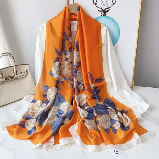 Hedvábný šátek, 90 cm x 180 cm, Květina opravdové lásky, oranžová barva, 100% hedvábí