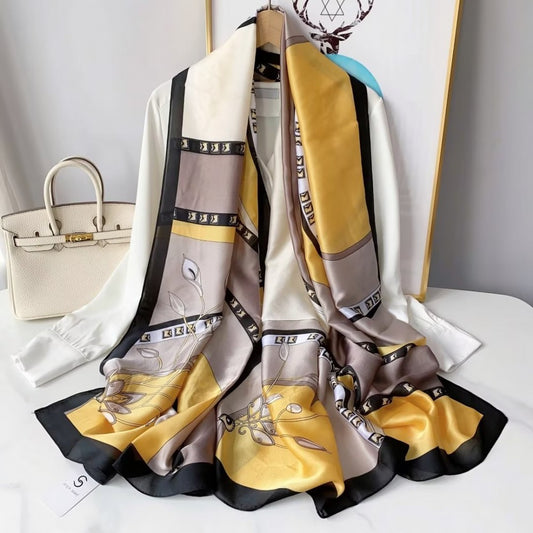 Hedvábný šátek, 90 cm x 180 cm, Kala Lilie, žlutá, 100% hedvábí