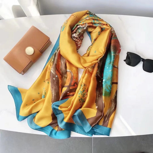 Hedvábný šátek, 90 cm x 180 cm, Zlatý podzimní čas, mandarinka, 100% hedvábí