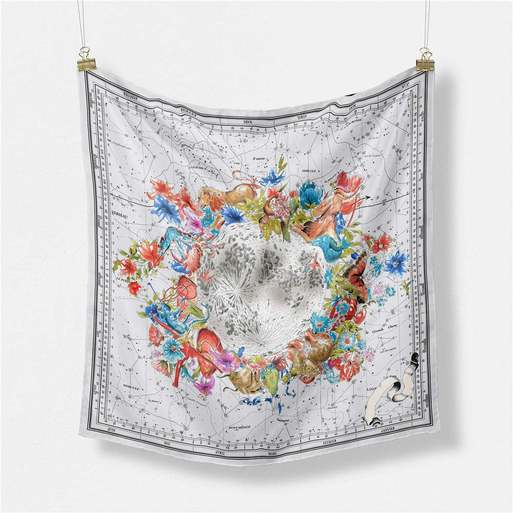 Hedvábný šátek, 53 cm x 53 cm, Svět v květinách, bílá, 100% hedvábí