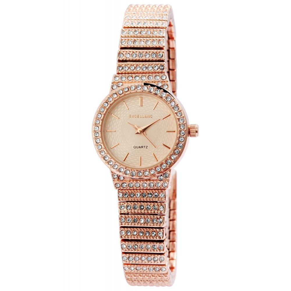 Dámské náramkové hodinky Excellanc s kovovým řemínkem, barva růžového zlata, japonský quartzový strojek PC21, stříbrný ciferník