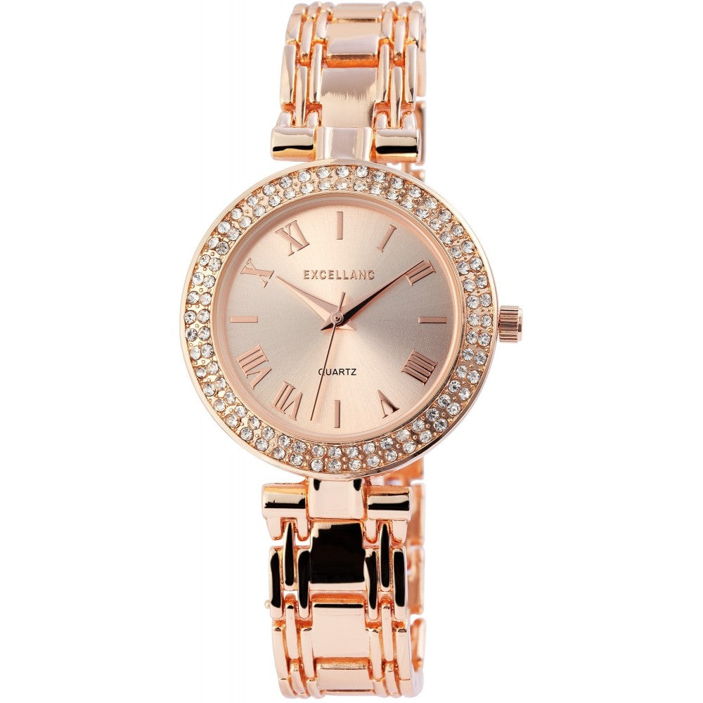 Dámské náramkové hodinky Excellanc s kovovým řemínkem, barva růžového zlata, japonská quartzová struktura, růžově zlatý ciferník