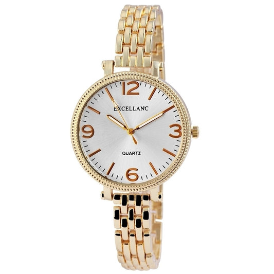 Dámské náramkové hodinky Excellanc s kovovým řemínkem, zlatá barva, kvalitní quartzová struktura, ciferník stříbrné barvy
