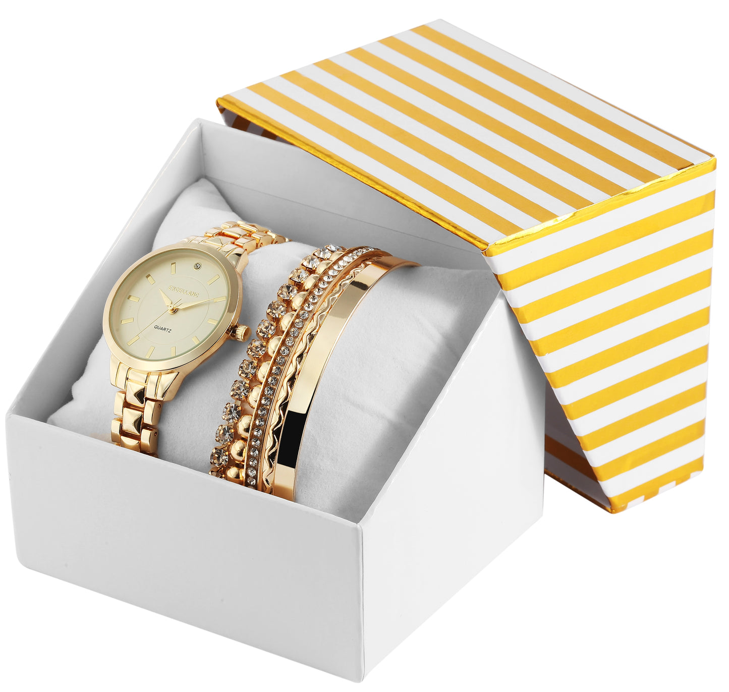 Excellanc dárkový set hodinek: dámské hodinky + 2 náramky, zlatý tón EX0423, zlatá barva, vysoce kvalitní křemenný mechanismus, ciferník žluté barvy