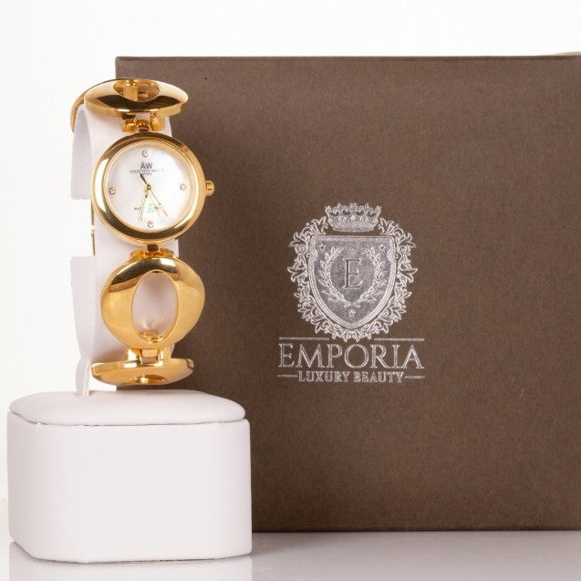 AW dámské hodinky v barvě zlata s řemínkem se symbolem nekonečna a 4 krystaly křemenu