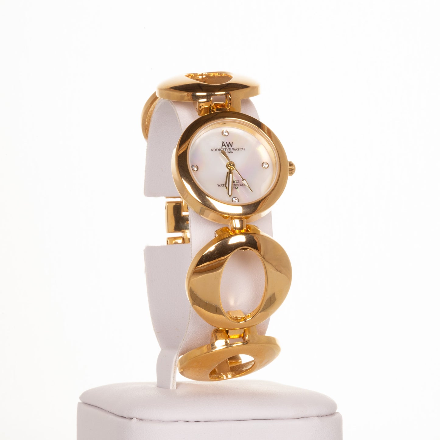 AW dámské hodinky v barvě zlata s řemínkem se symbolem nekonečna a 4 krystaly křemenu