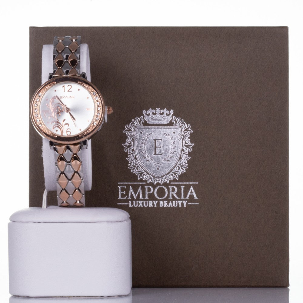 ROSE GOLD and SILVER, woman alloy SKYLINE watch with flower dial and quartz crystals with Gift box 1 