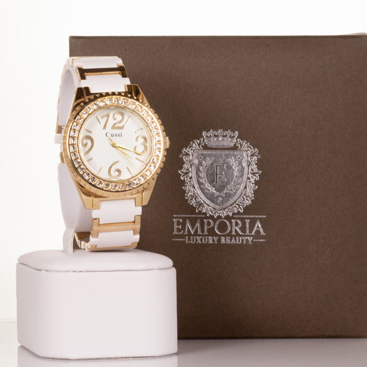 CUSSI dámské hodinky ve zlaté barvě s krystaly křemenu kolem ciferníku